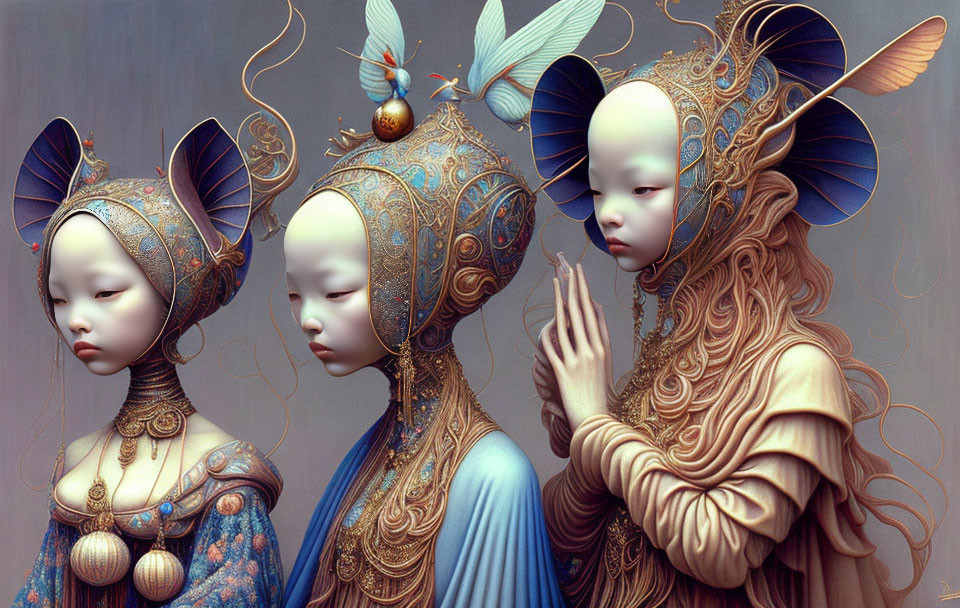 Three ornate mystical humanoid figures with elaborate headdresses and intricate attire in a contemplative pose