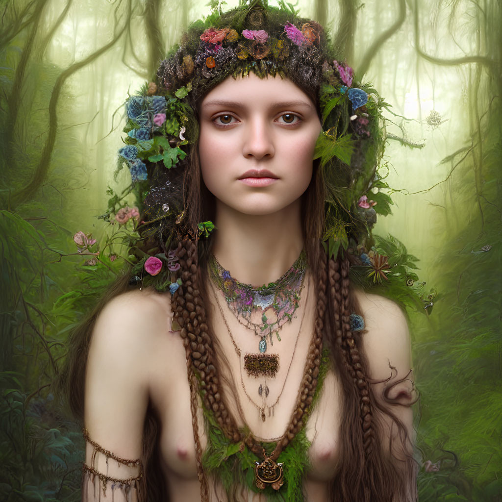 Portrait of a young woman with braided hair and floral crown in a forest setting