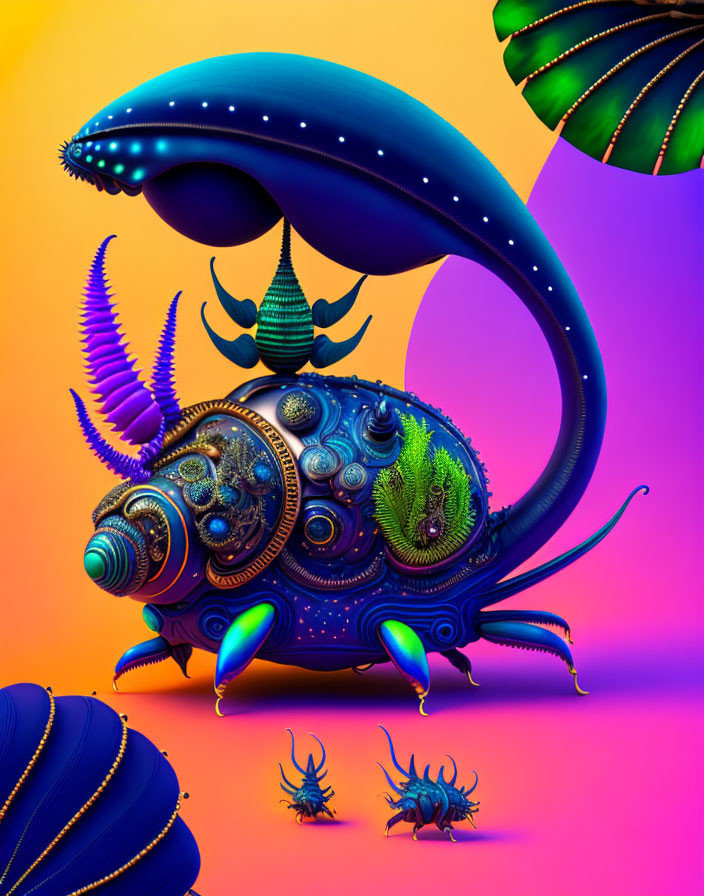 Colorful surreal artwork: Blue creature with tentacles and shells on orange and purple background with green foliage