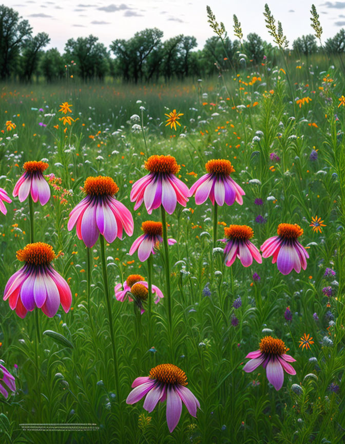 Colorful Coneflowers in Lush Meadow Scene