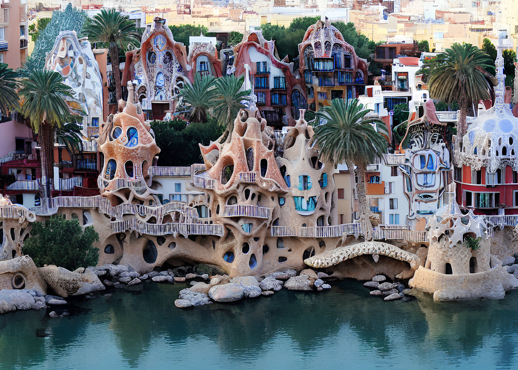 Colorful mosaic details on whimsical, organic-shaped building near tranquil water.