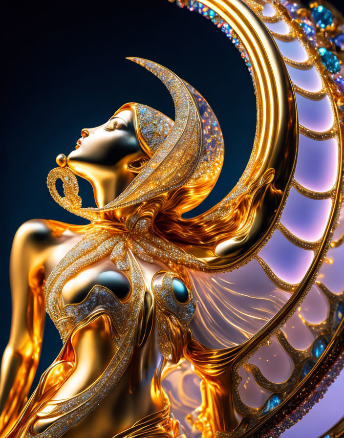 Golden fantasy figure with gemstones and intricate details on a dark background