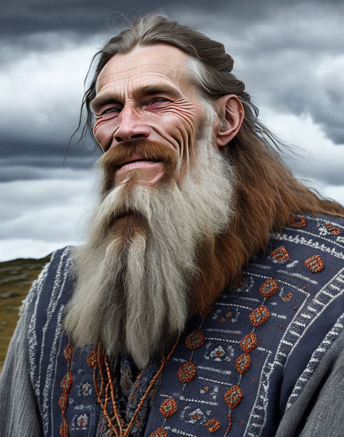 Elderly man with long gray beard in traditional embroidered garment under cloudy sky