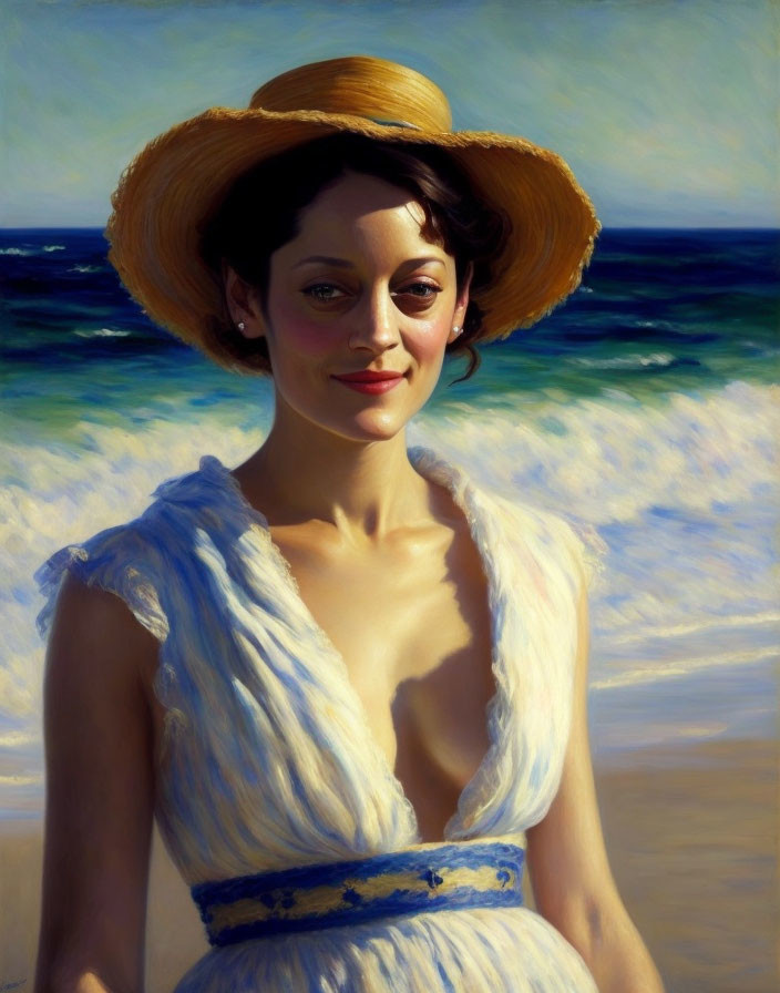 Smiling Woman in Straw Hat Portrait on Sunny Beach