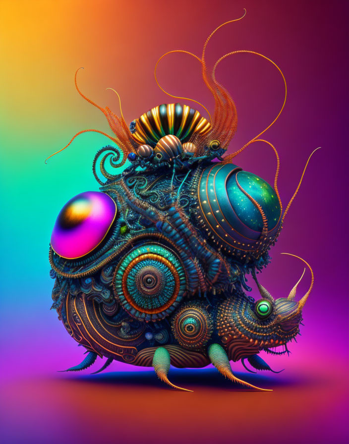 Colorful Surreal Creature with Shell-Like Structures on Rainbow Background