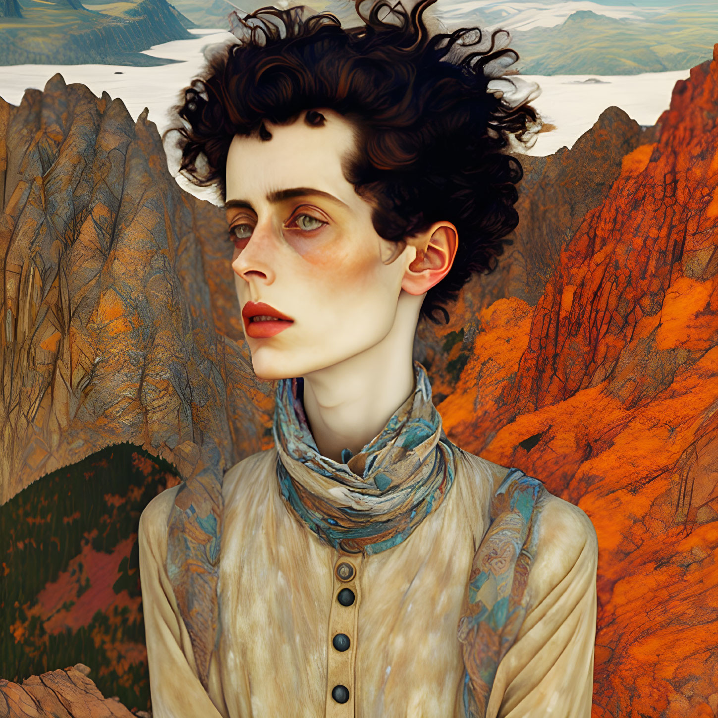 Stylized portrait of person with dark curly hair against red cliffs and lake