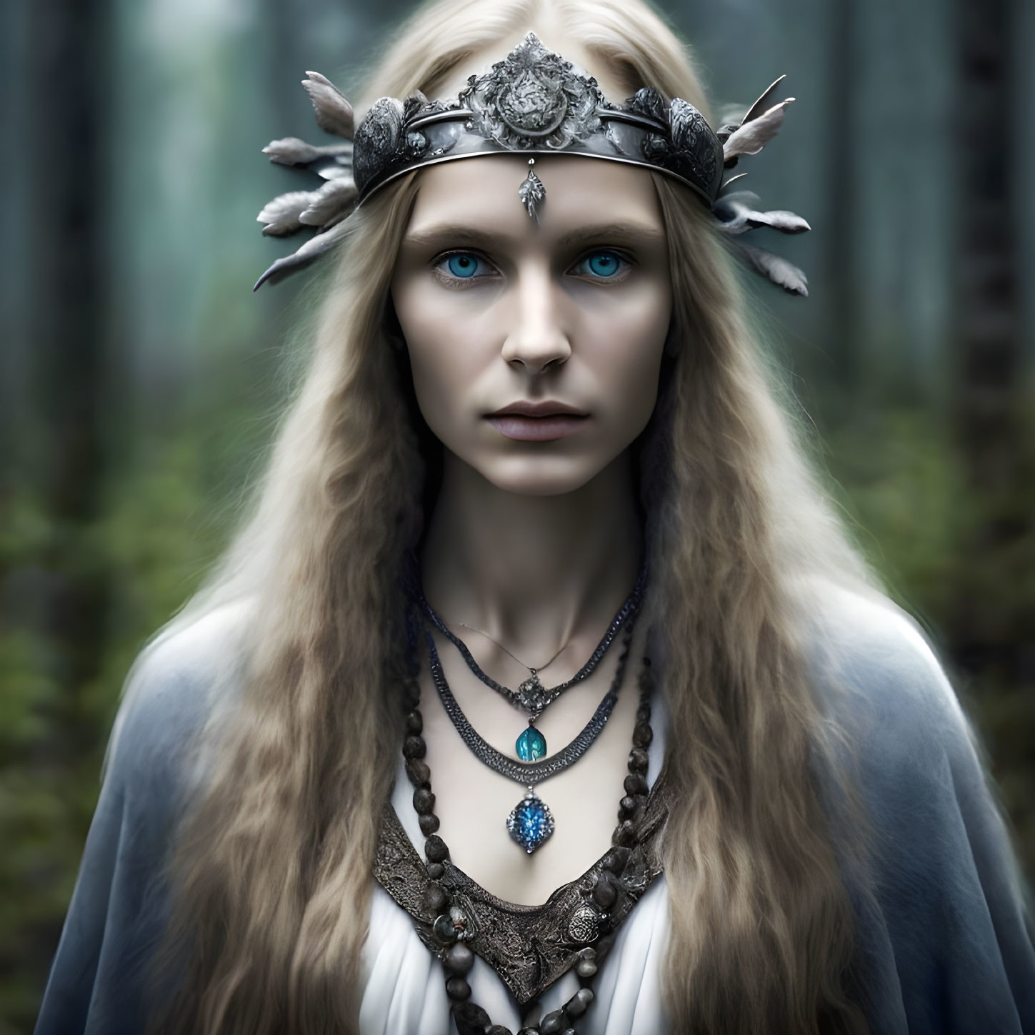 Woman with Blue Eyes in Feathered Headdress and Jewelry in Misty Forest