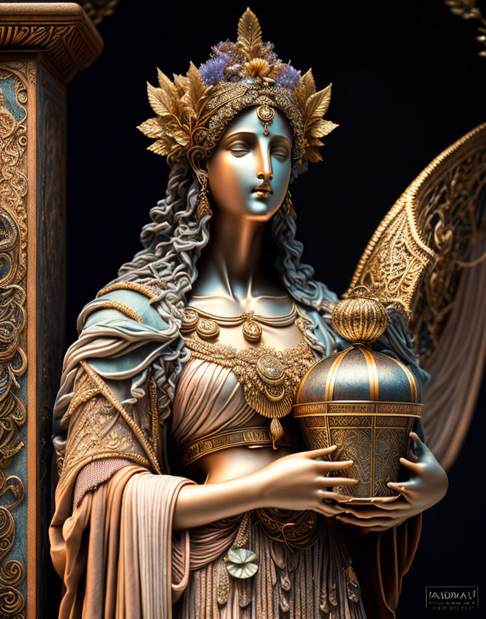 Blue-skinned regal female figure in golden attire and ornate object.