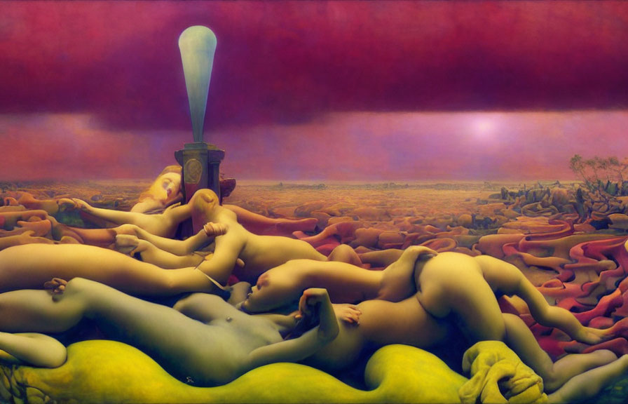 Surrealistic landscape with nude figures blending into terrain and switch/lightbulb structure