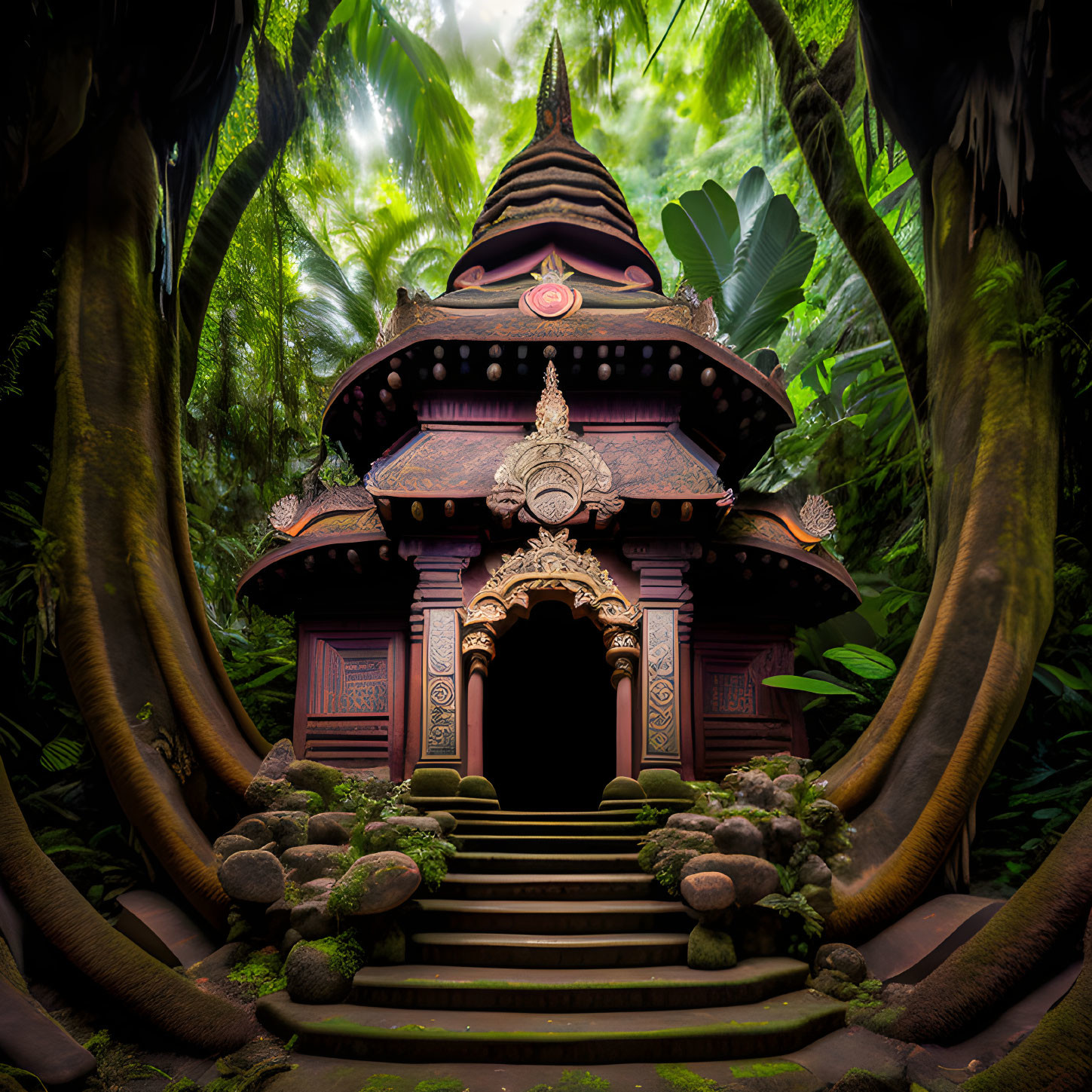 Wooden pagoda surrounded by lush greenery and tree roots with intricate staircase.