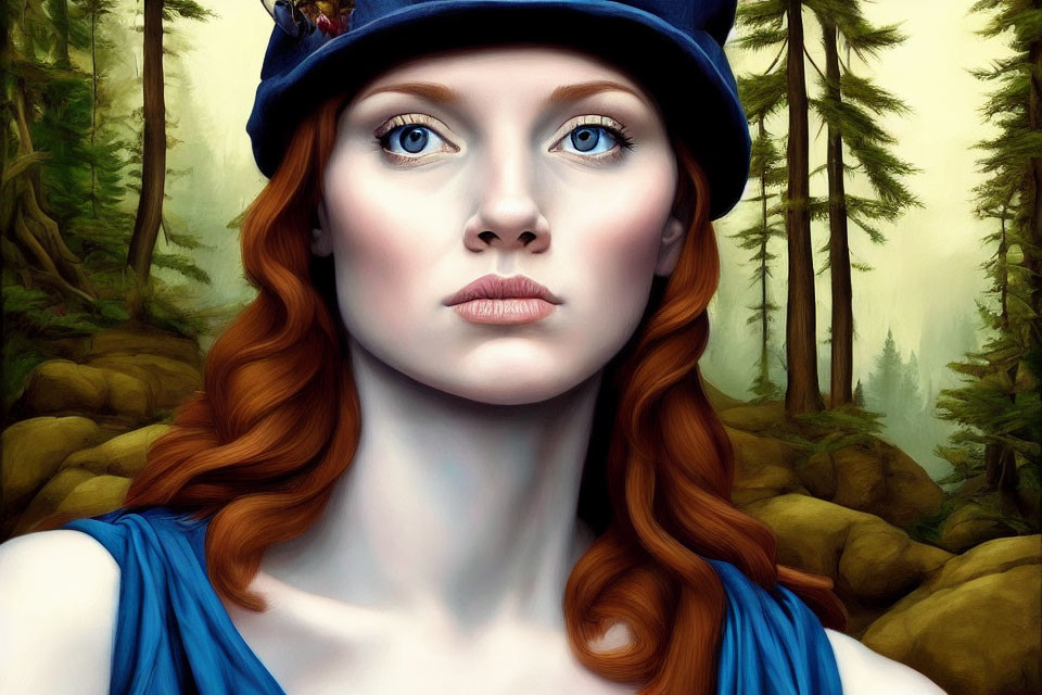 Digital artwork featuring woman with red hair, blue eyes, hat, forest background