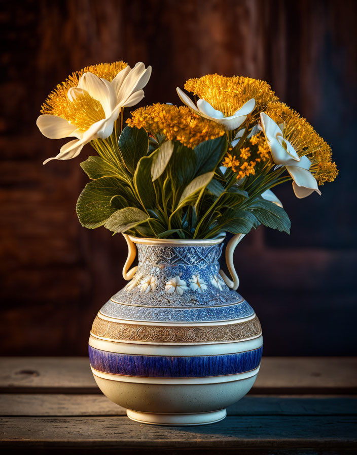 Blue and White Patterned Vase with Yellow and White Flowers on Dark Wooden Background