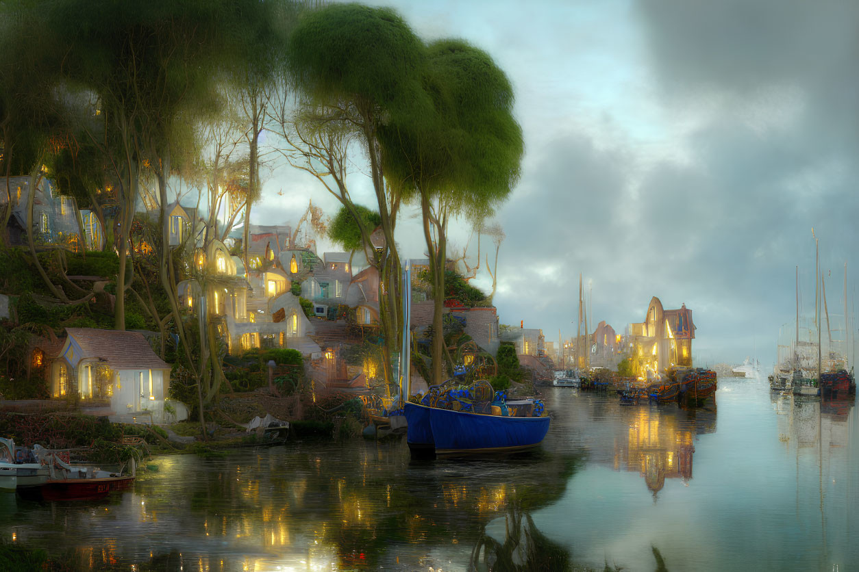 Twilight waterfront scene with illuminated houses, boats, and shimmering reflections