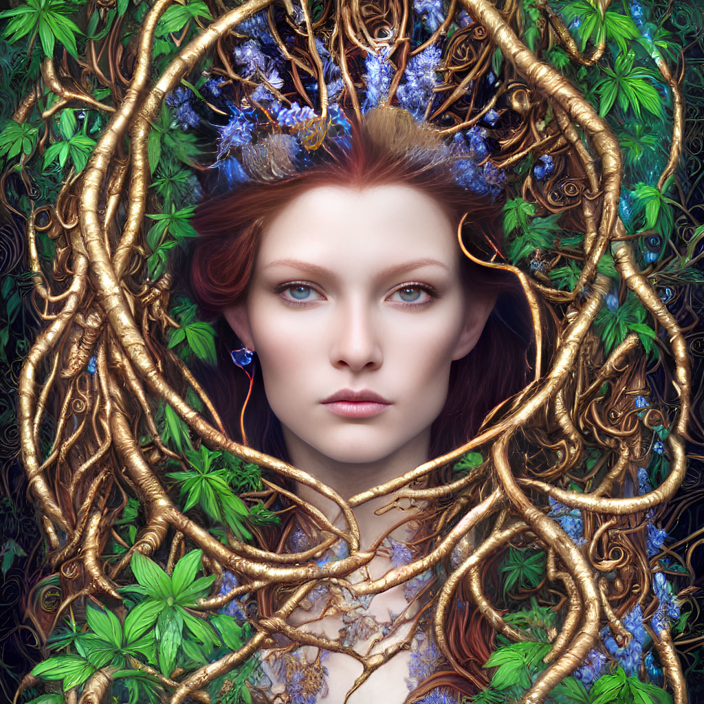 Surreal portrait of a woman with red hair and intricate golden vines, green foliage, and blue