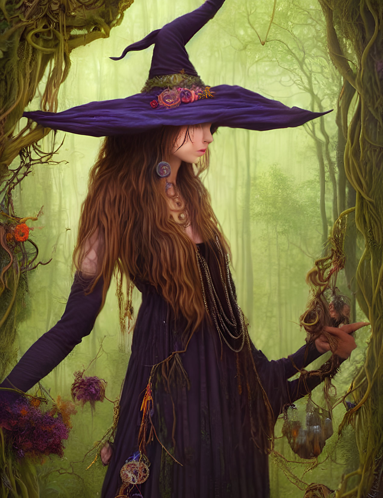 Mystical witch in purple hat with staff in foggy forest