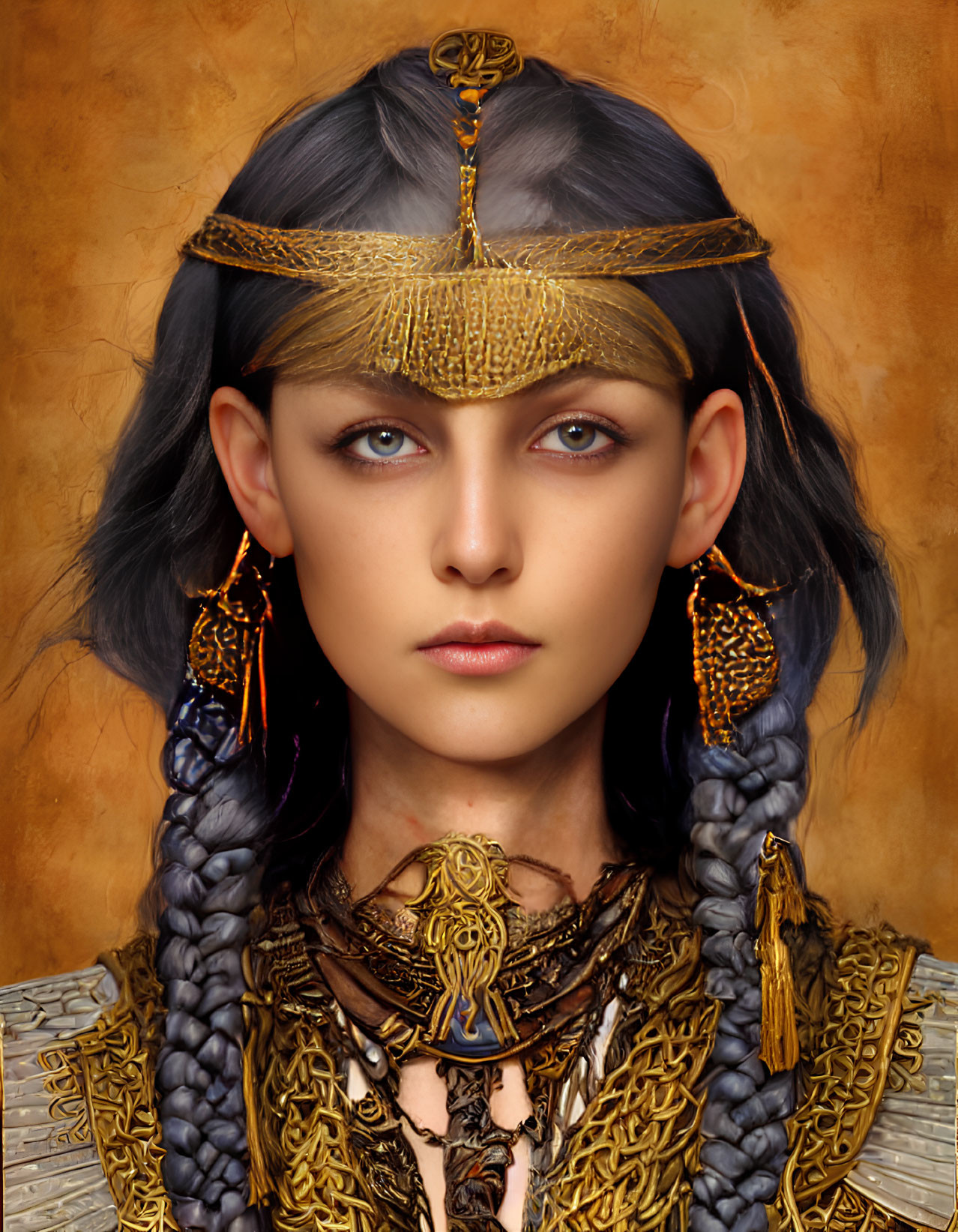 Intricate gold jewelry adorns woman with braided hair and blue eyes