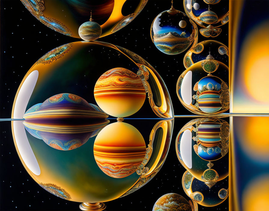 Surreal fractal image: Glossy spheres, intricate patterns, starry space.