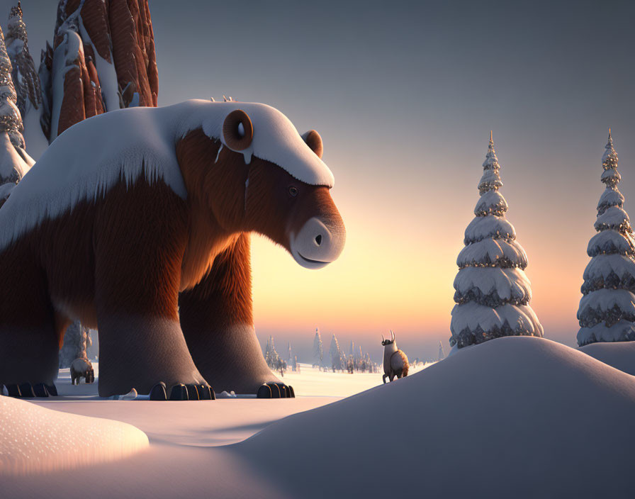 Animated mammoth in snowy landscape with setting sun