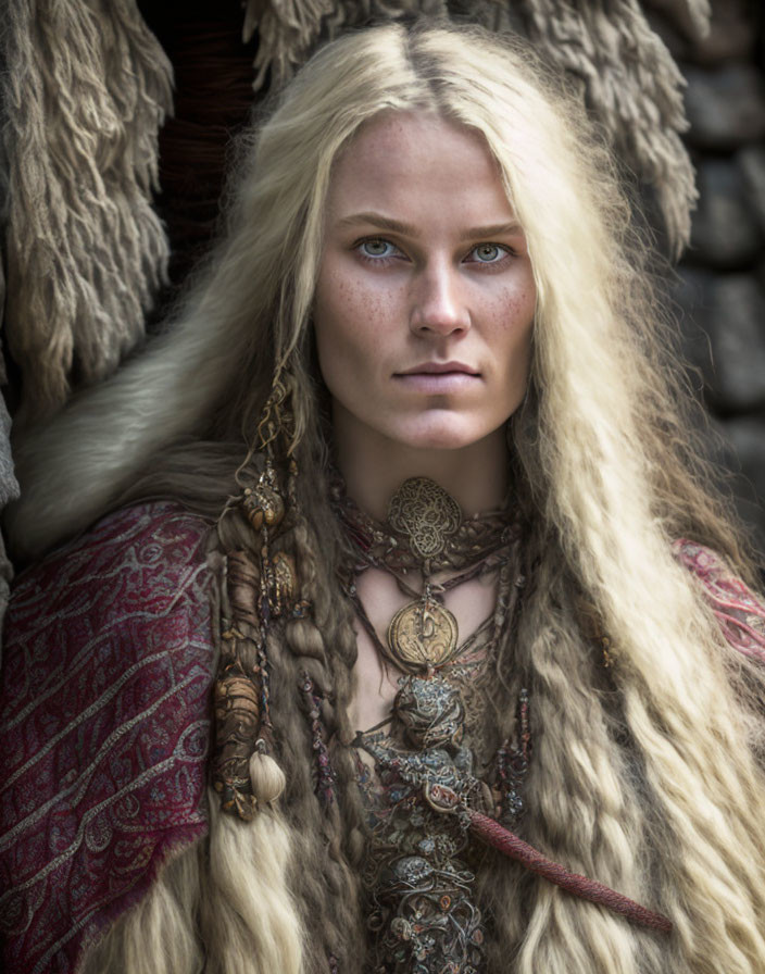 Blonde woman with blue eyes in Viking-inspired outfit