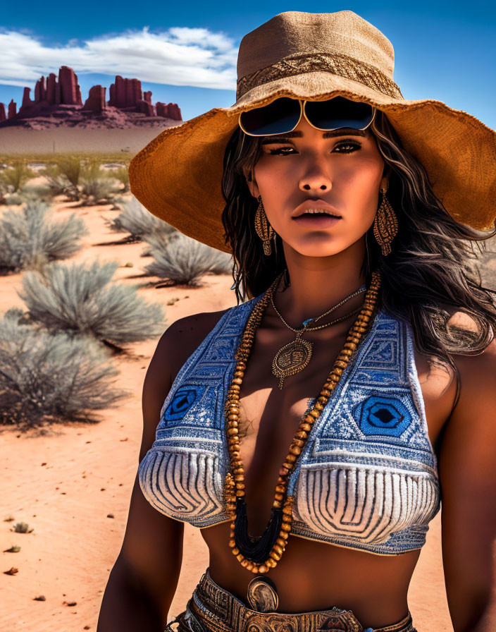 Woman in dramatic makeup and sunhat in desert with beaded necklace and geometric bikini top