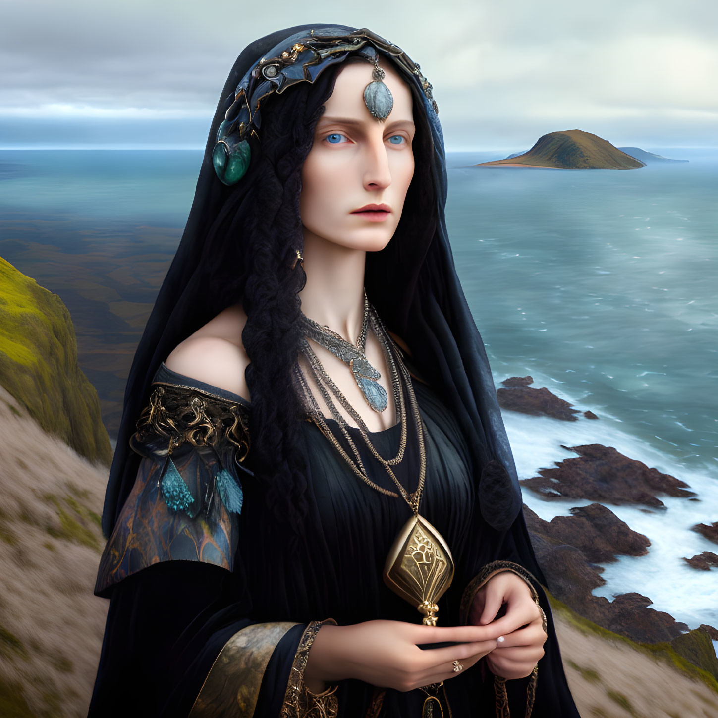 Mysterious woman in black cloak by stormy seascape