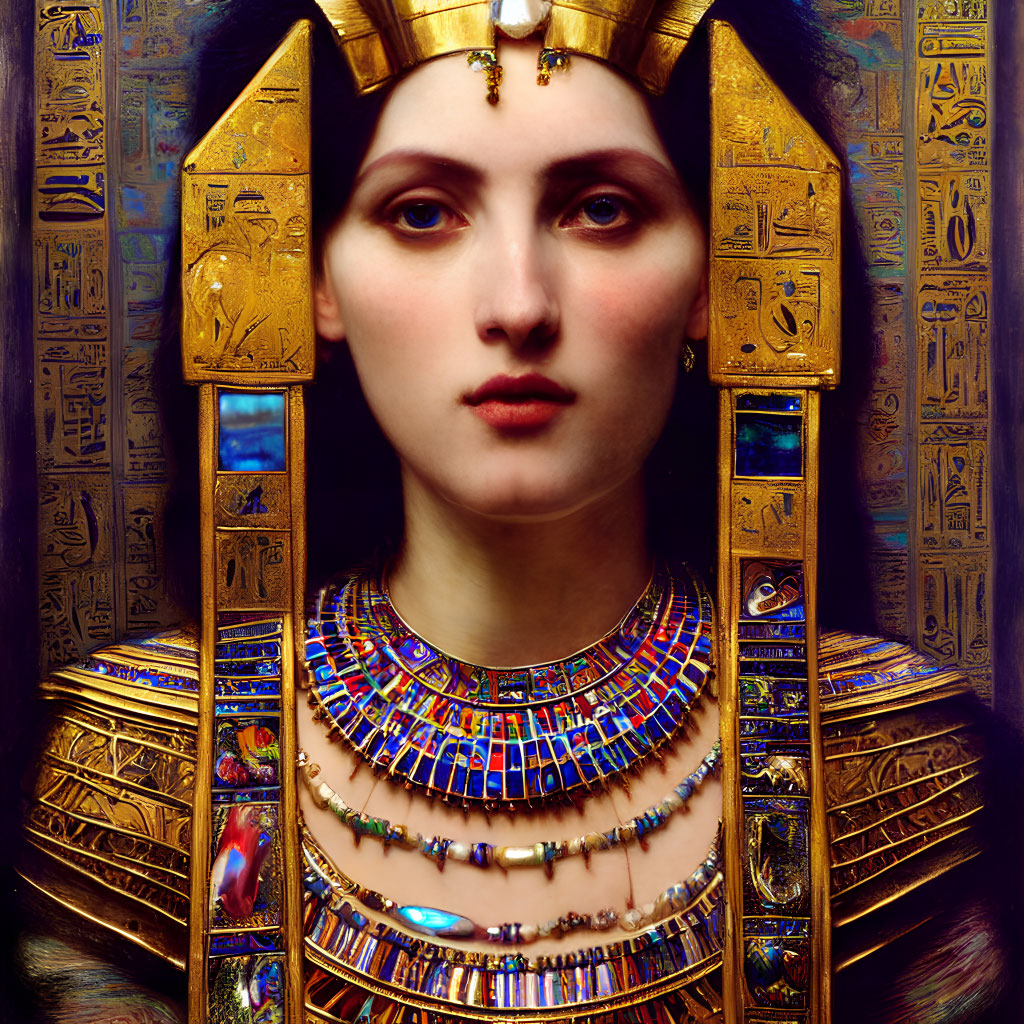 Egyptian Pharaoh-Inspired Woman Artwork with Ornate Headdress & Hieroglyphics