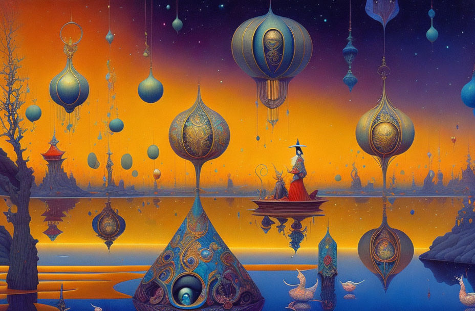 Mystical figure on boat under ornate lanterns against orange and blue sky