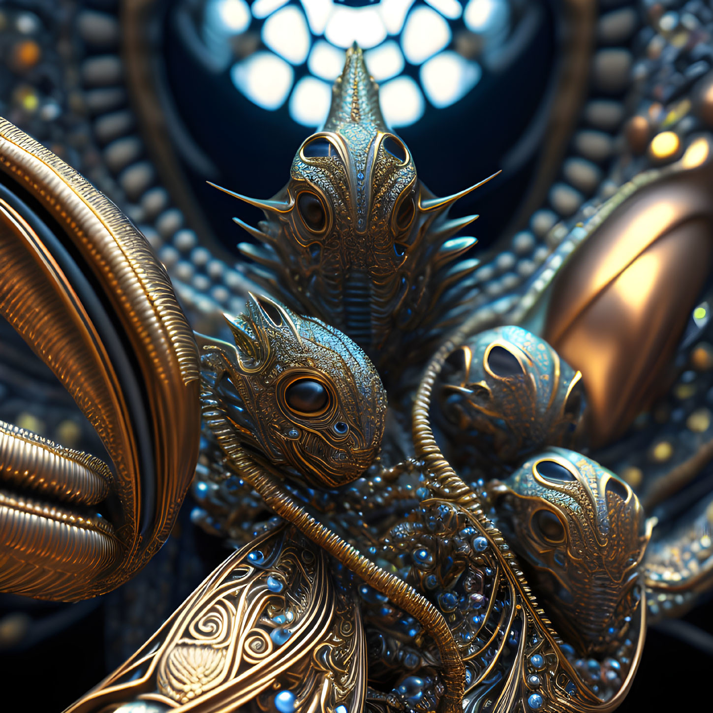 Golden Metallic 3D Fractal Design: Ornate Serpentine Creatures Intertwined