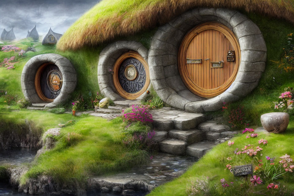 Illustration of Three Cozy Hobbit-Style Houses in Lush Landscape