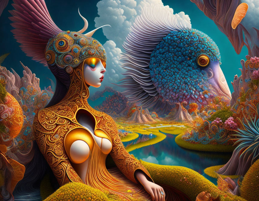 Surreal artwork: woman with bird-like headwear in vibrant fantasy landscape