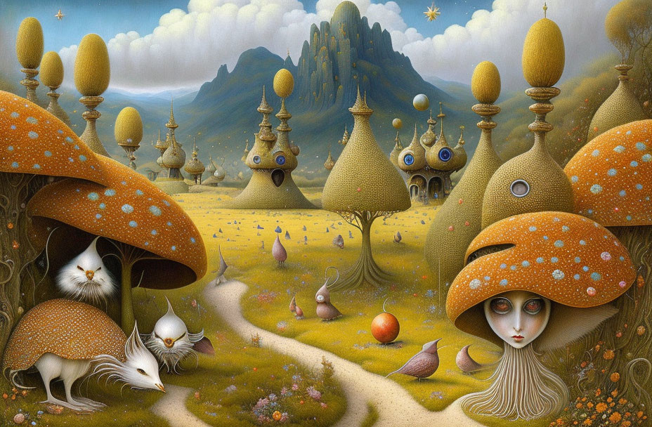 Whimsical surreal landscape with girl, creature, and mushroom houses