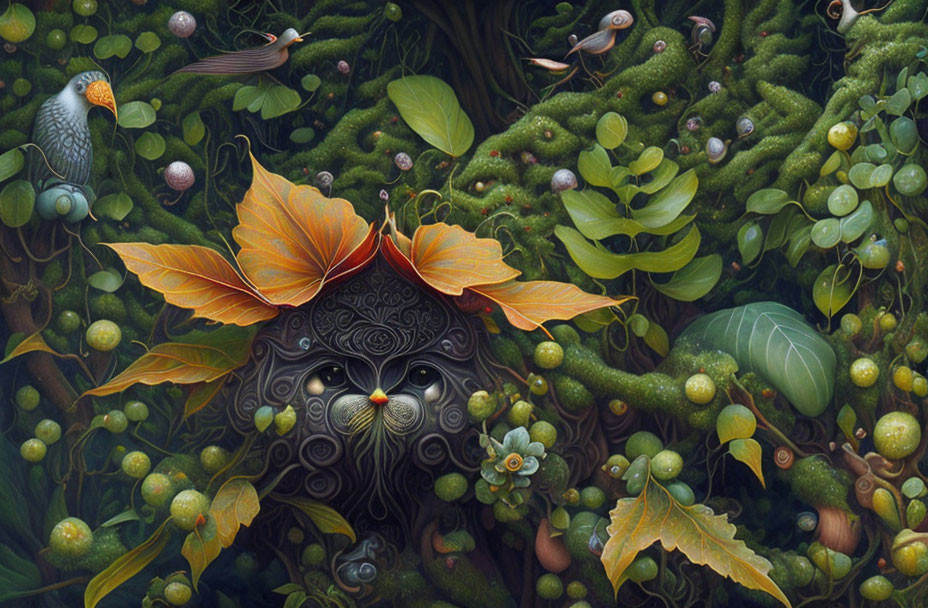 Surreal cat face in forest with birds and autumn leaves