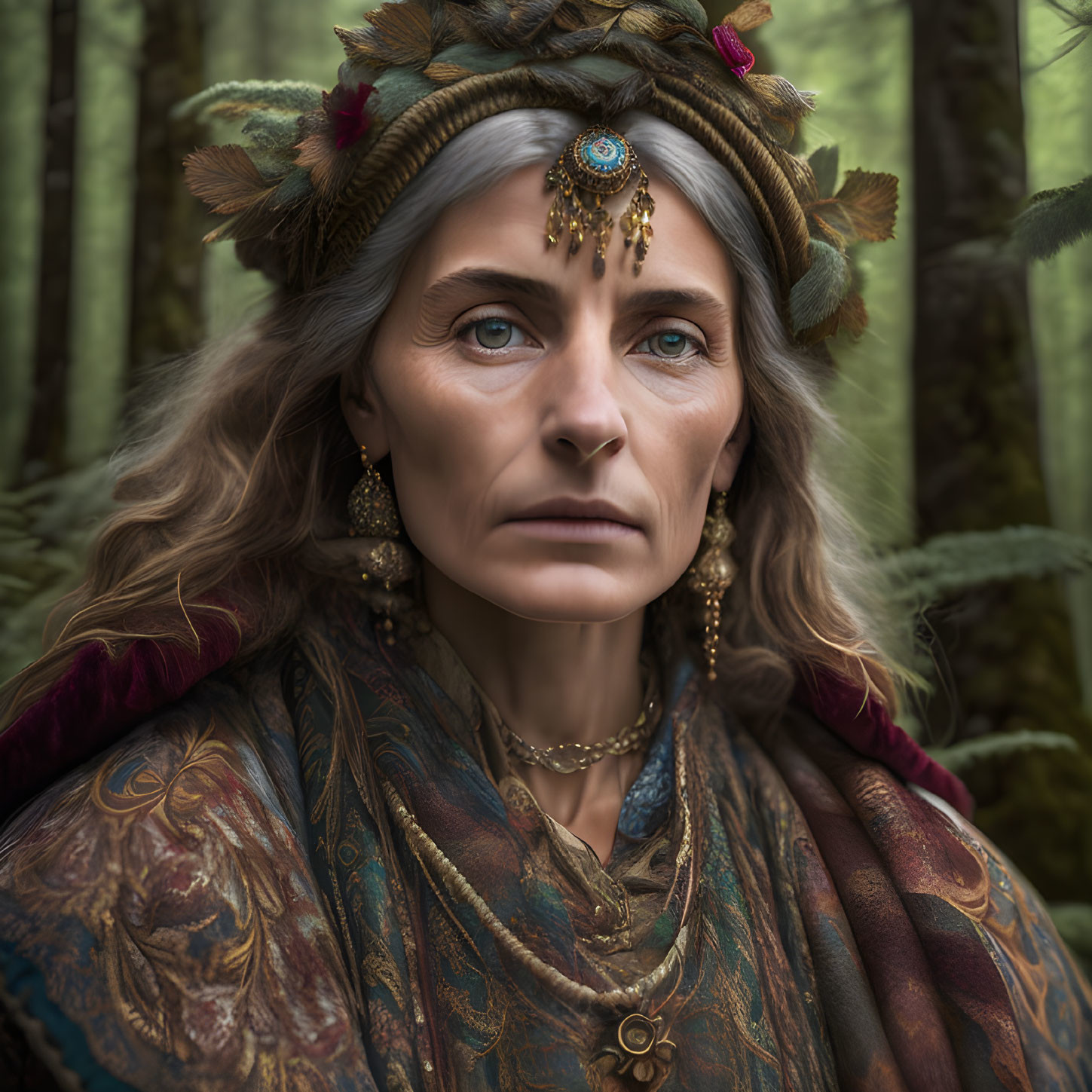 Elderly woman with blue eyes, adorned with leaf crown and jewelry in forest.