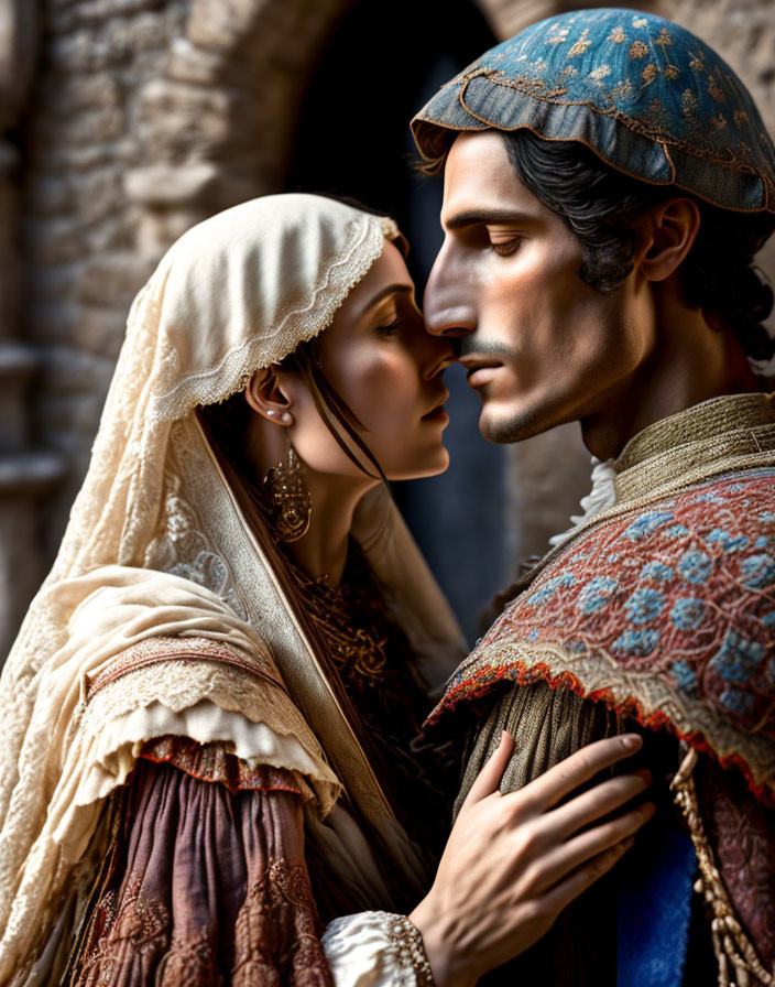 Historical couple in blue cap and beige headscarf about to kiss