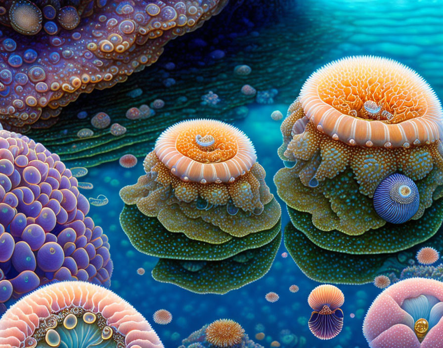 Detailed Illustration of Sea Anemones and Marine Invertebrates in Surreal Underwater Scene