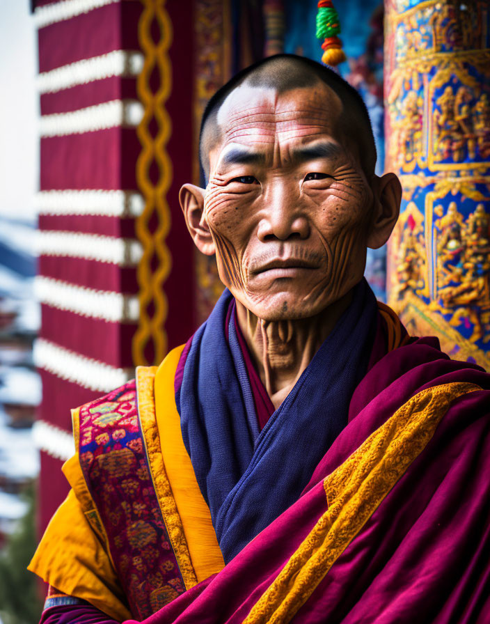 Monk in red and yellow robes by colorful temple walls