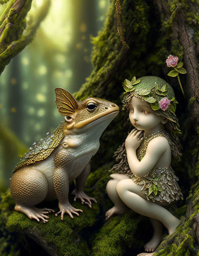 Illustration of girl with leafy attire next to large frog in magical forest