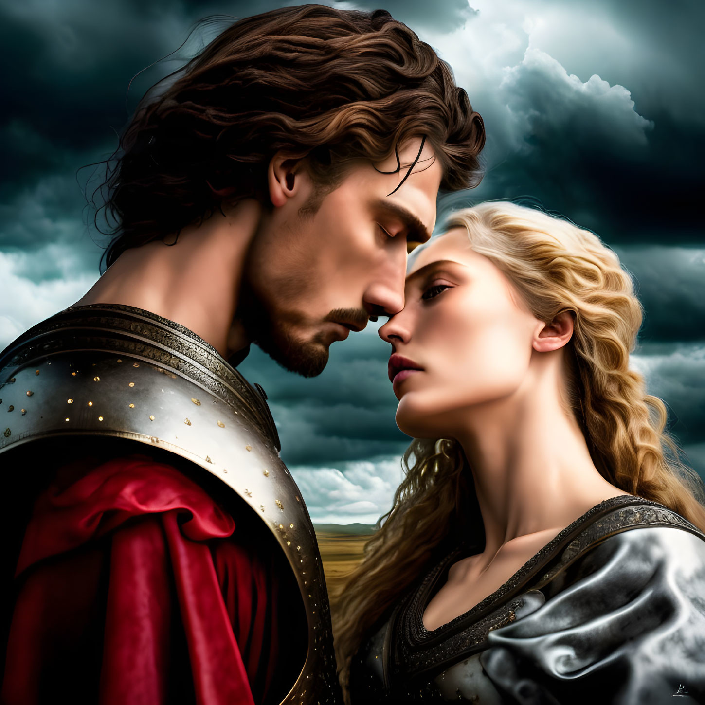 Knight and Lady Digital Painting: Armor, Golden Hair, Stormy Sky