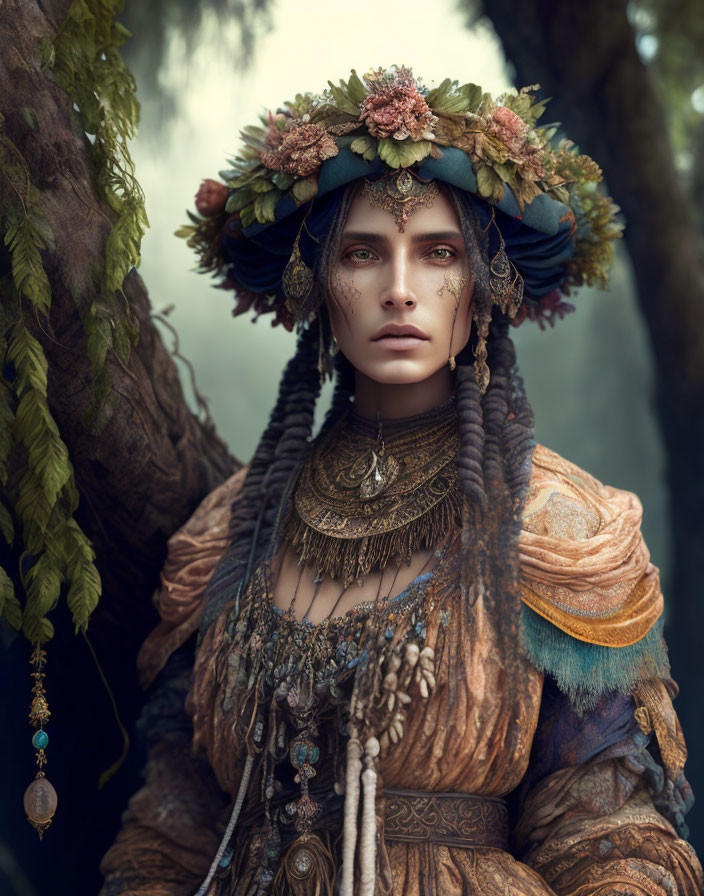 Ornate Floral Headdress Woman in Mystical Forest