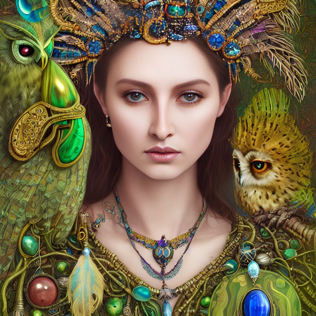 Digital portrait of woman with peacock feather crown and intricate jewelry