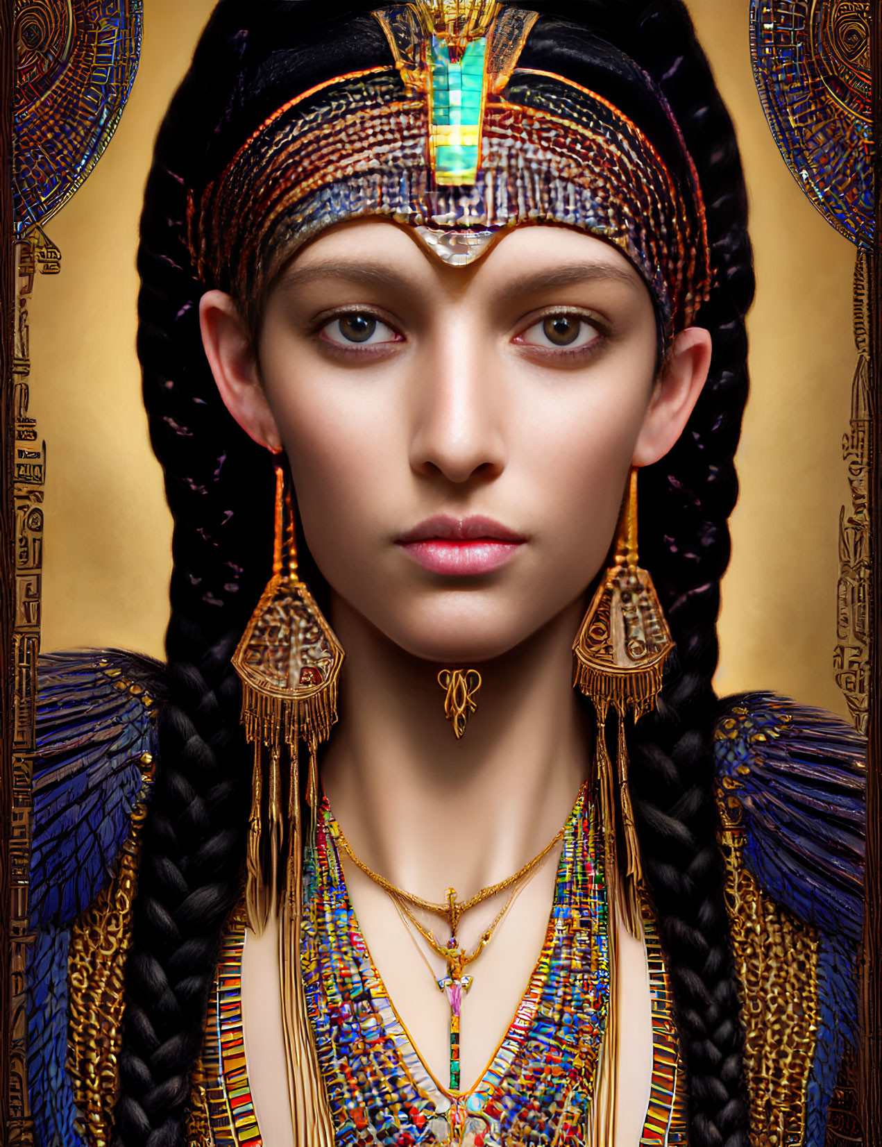 Person in ornate Egyptian headdress against hieroglyphic backdrop