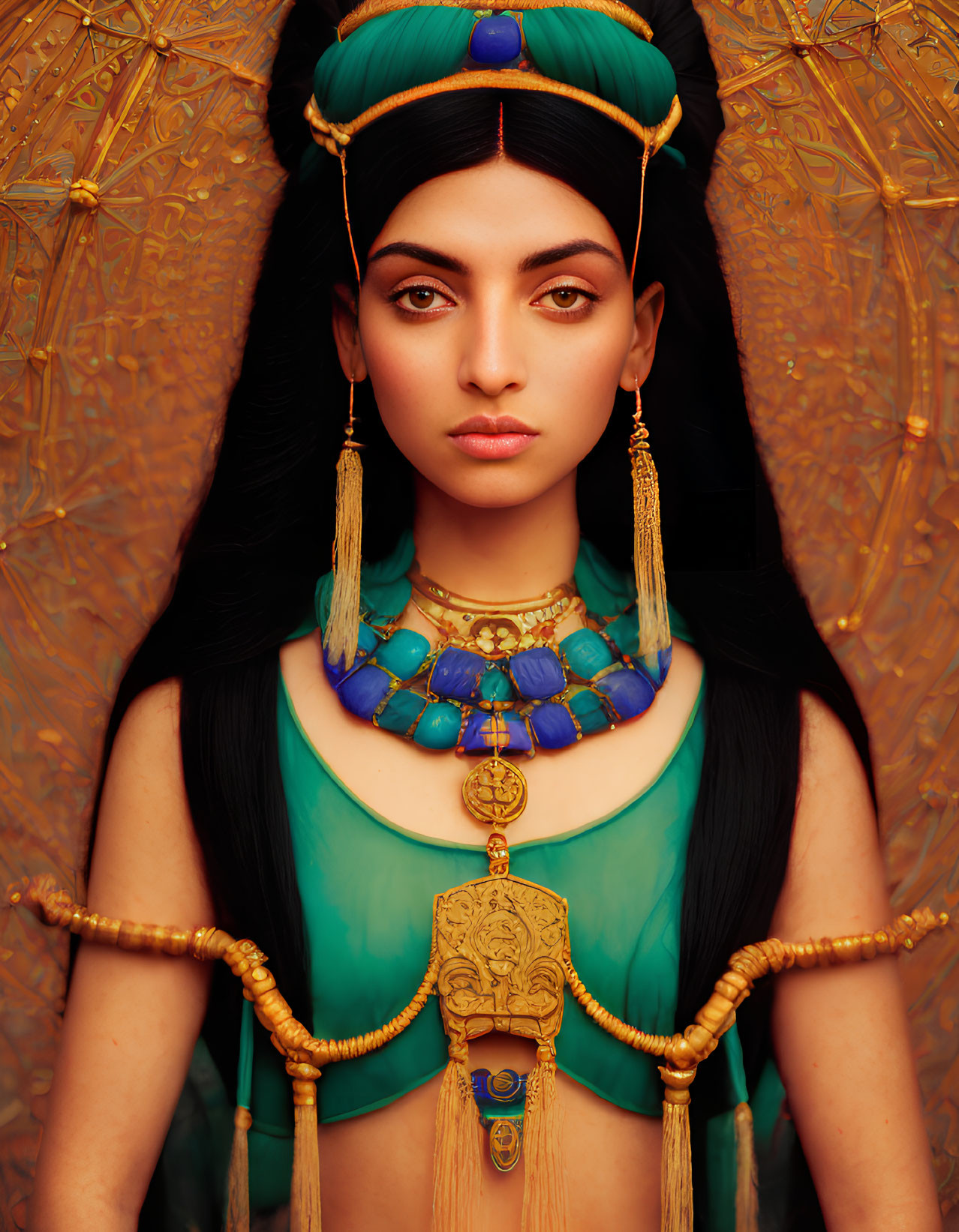 Elaborately detailed ancient Egyptian attire on woman against gold backdrop