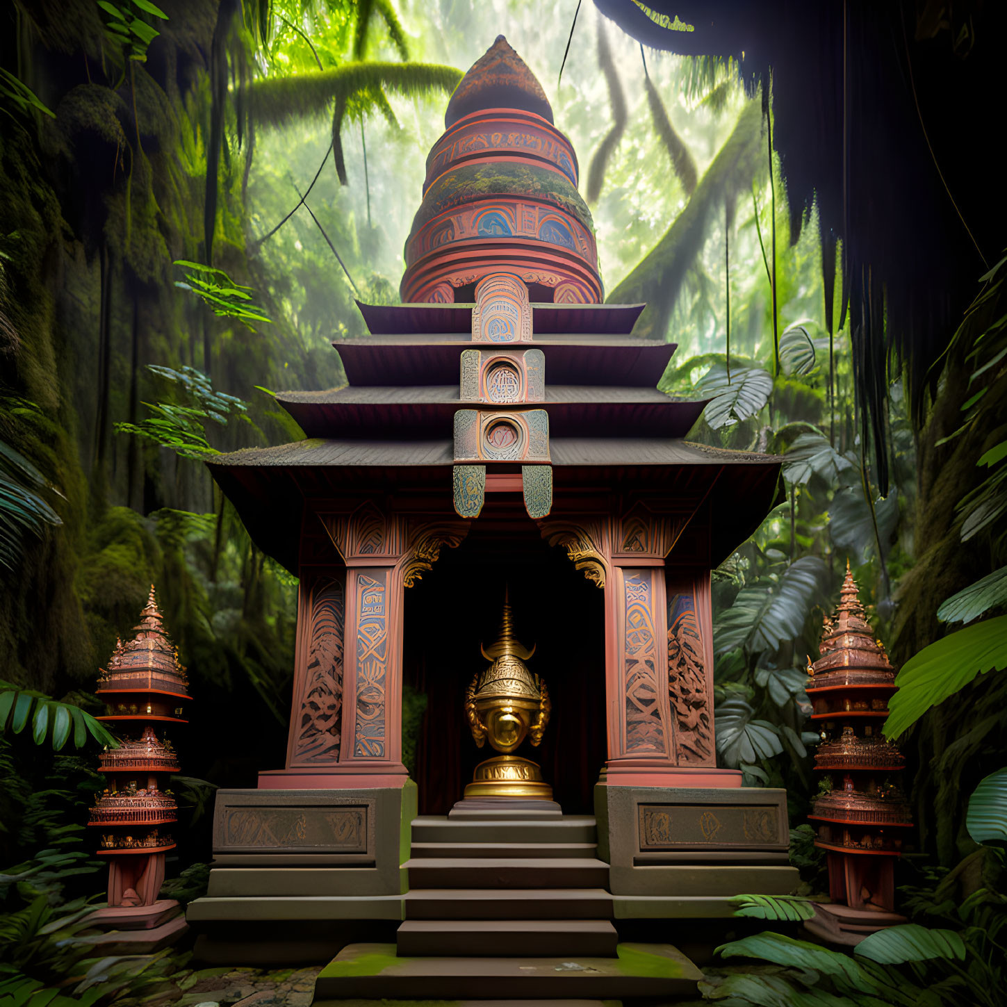 Intricate Carvings Adorn Ornate Temple in Lush Forest