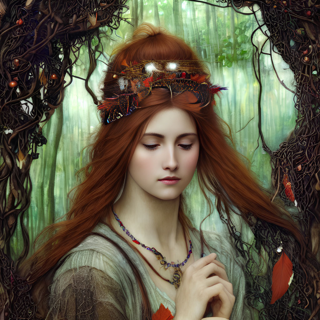 Young woman with red hair in jeweled headpiece in mystical forest setting