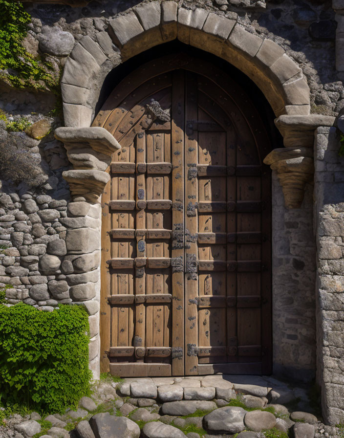 Weathered wooden arched door with ironwork and stone wall in sunlight