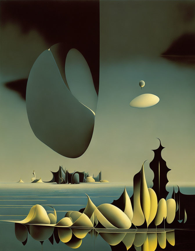 Abstract surreal landscape with floating shapes and tent-like structures under a yellow sky.