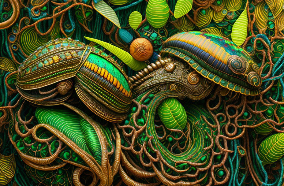 Colorful paper quilling art of two chameleons in lush foliage