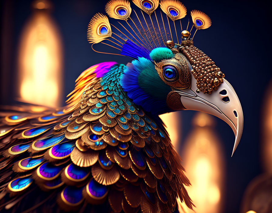 Detailed Digital Artwork: Peacock with Vibrant Plumage and Lantern Background