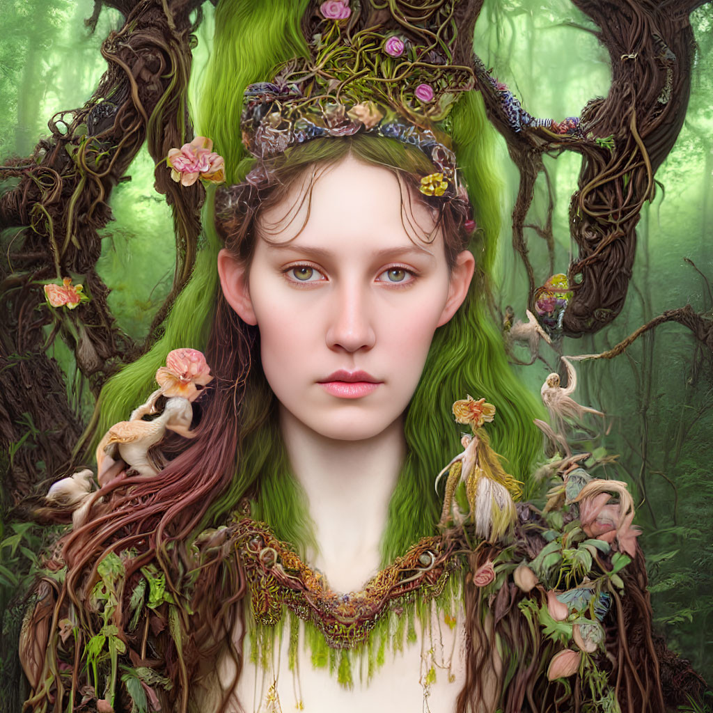 Portrait of Woman with Green Hair in Forest Background with Flowers and Vines