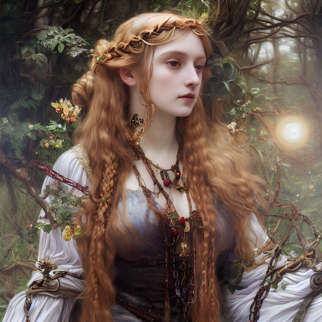 Fantasy portrait of woman with braided hair and headpiece in ethereal forest